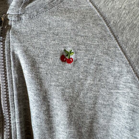 Vintage-Look Cherry Embroidered Hoodie Heather Gray Cropped Y2K Coquette - Picture 2 of 4